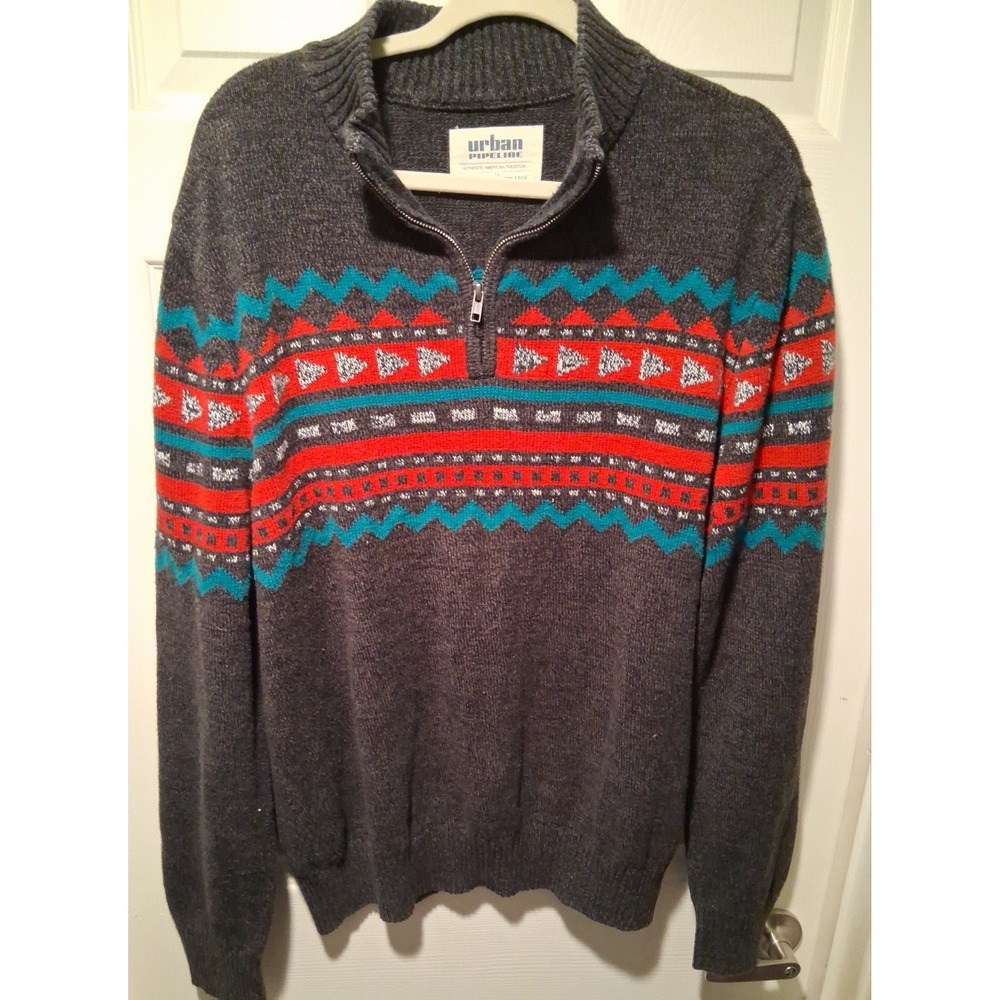 Urban Pipeline Men's XXL  Knit Sweater Gray Red Teal Aztec Print Cotton Blend